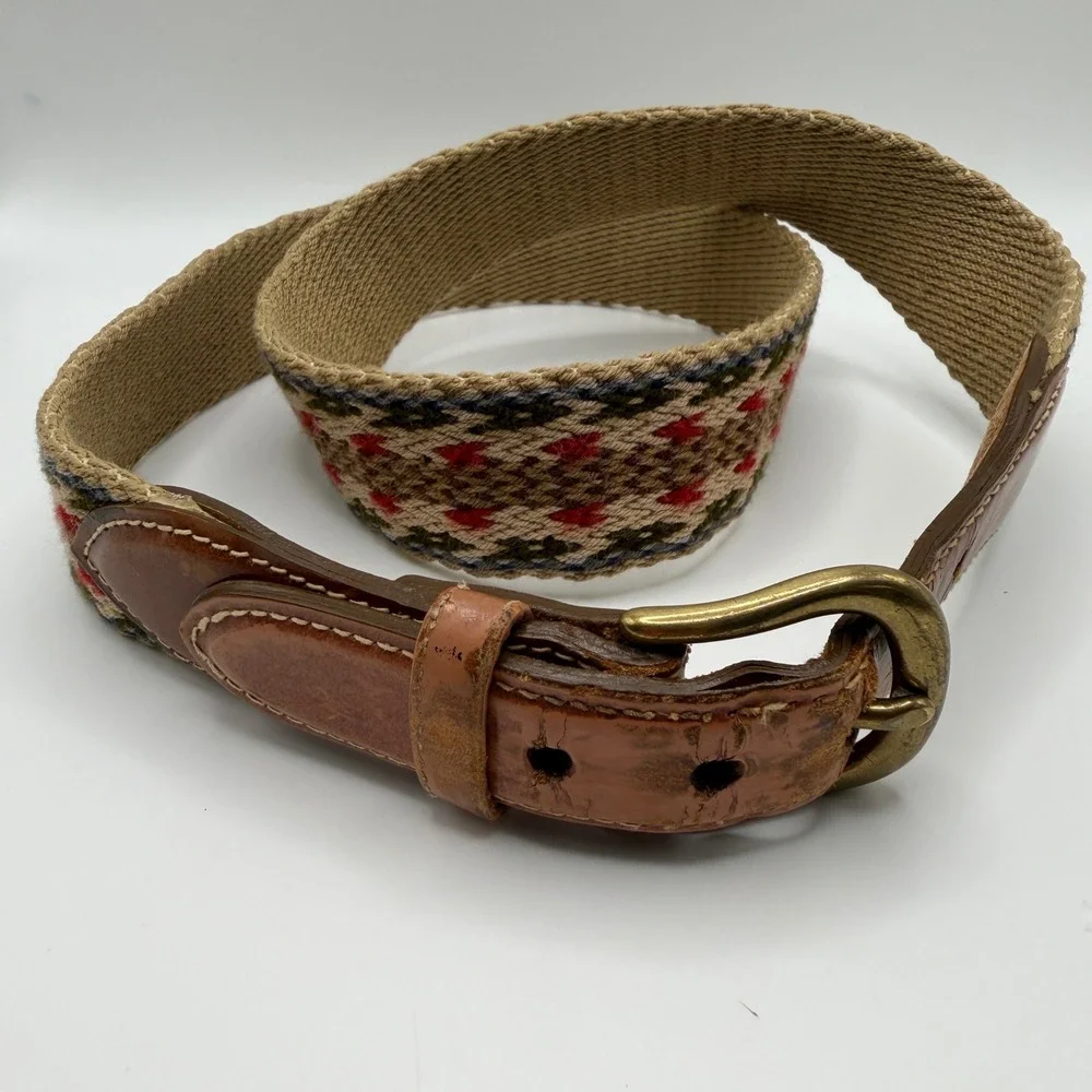 Dominican Republic Mens 36/38 Multi Color Woven‎ Canvas Leather Belt Geometric
